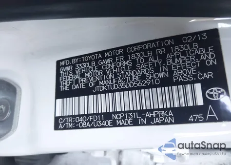 2013 Toyota Yaris Se z USA, uszkodzony, nr VIN JTDKTUD35DD562910